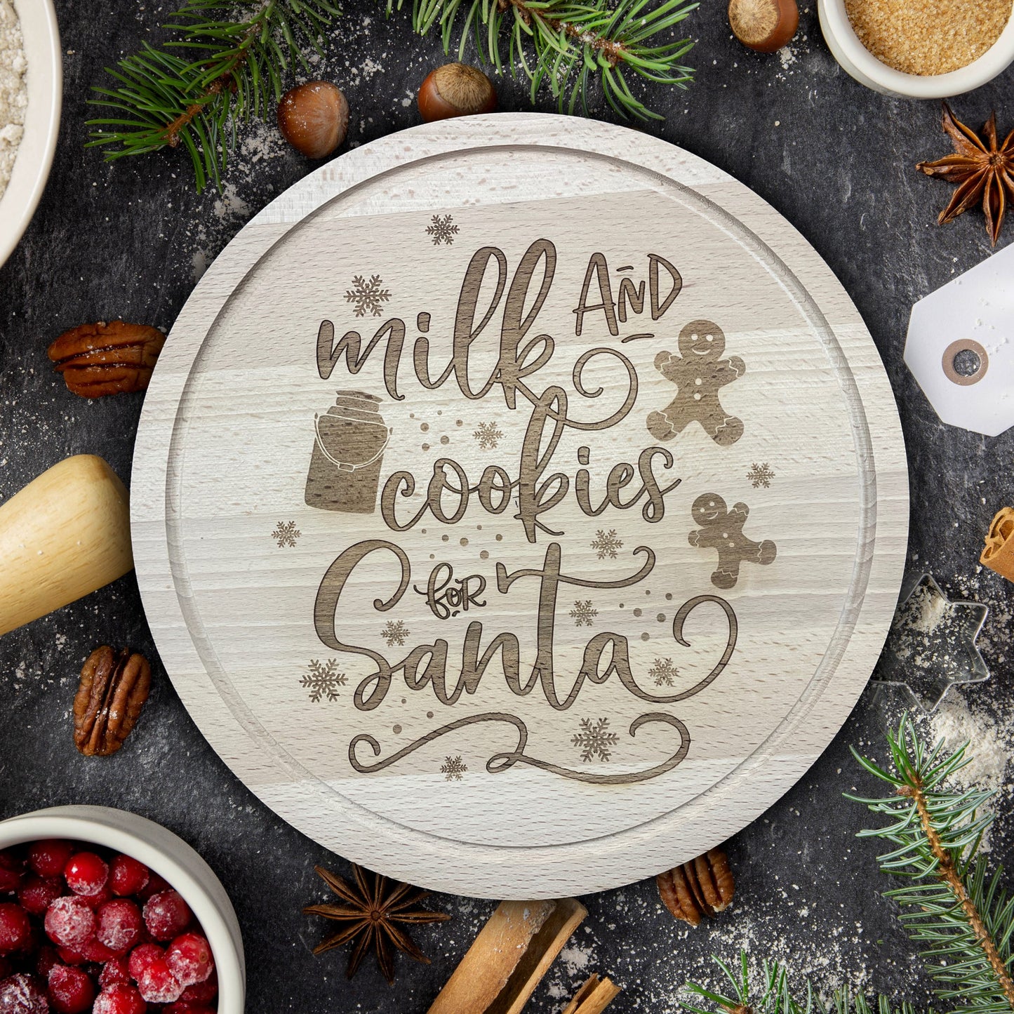 Santa Milk & Cookies wooden serving board