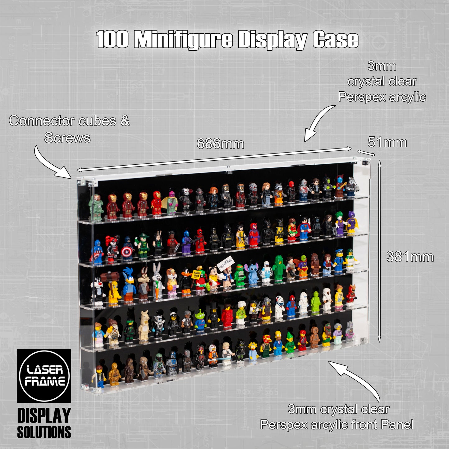 Wall mounted Acrylic Display Case for 100 Minifigures