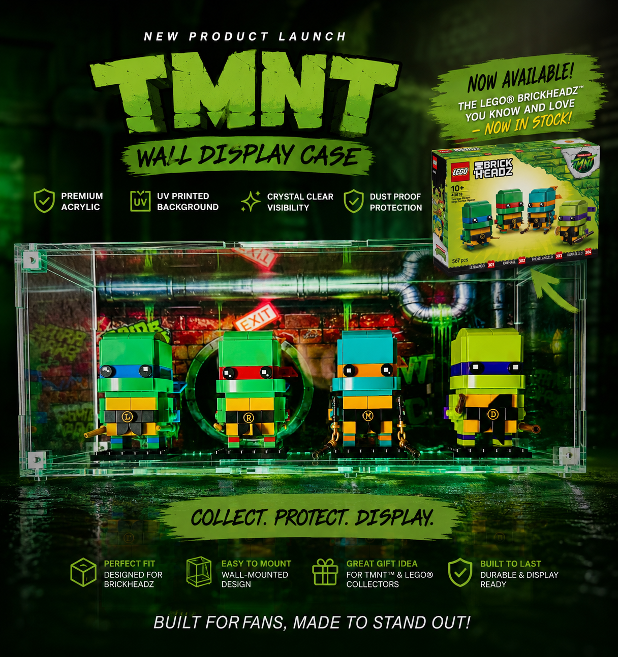 Acrylic Wall Display Case for LEGO BrickHeadz Teenage Mutant Ninja Turtles 40878