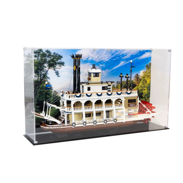 Acrylic display case for LEGO Ideas River Steamboat 21356 Side View UV background