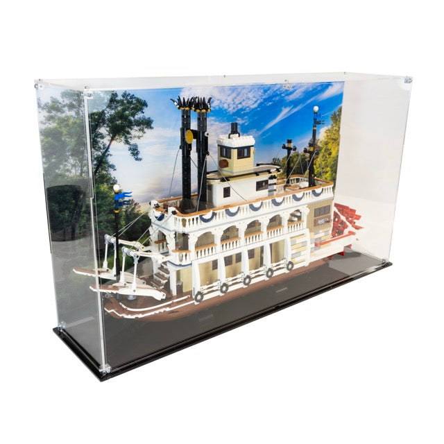 Acrylic display case for LEGO Ideas River Steamboat 21356 top Side View UV background