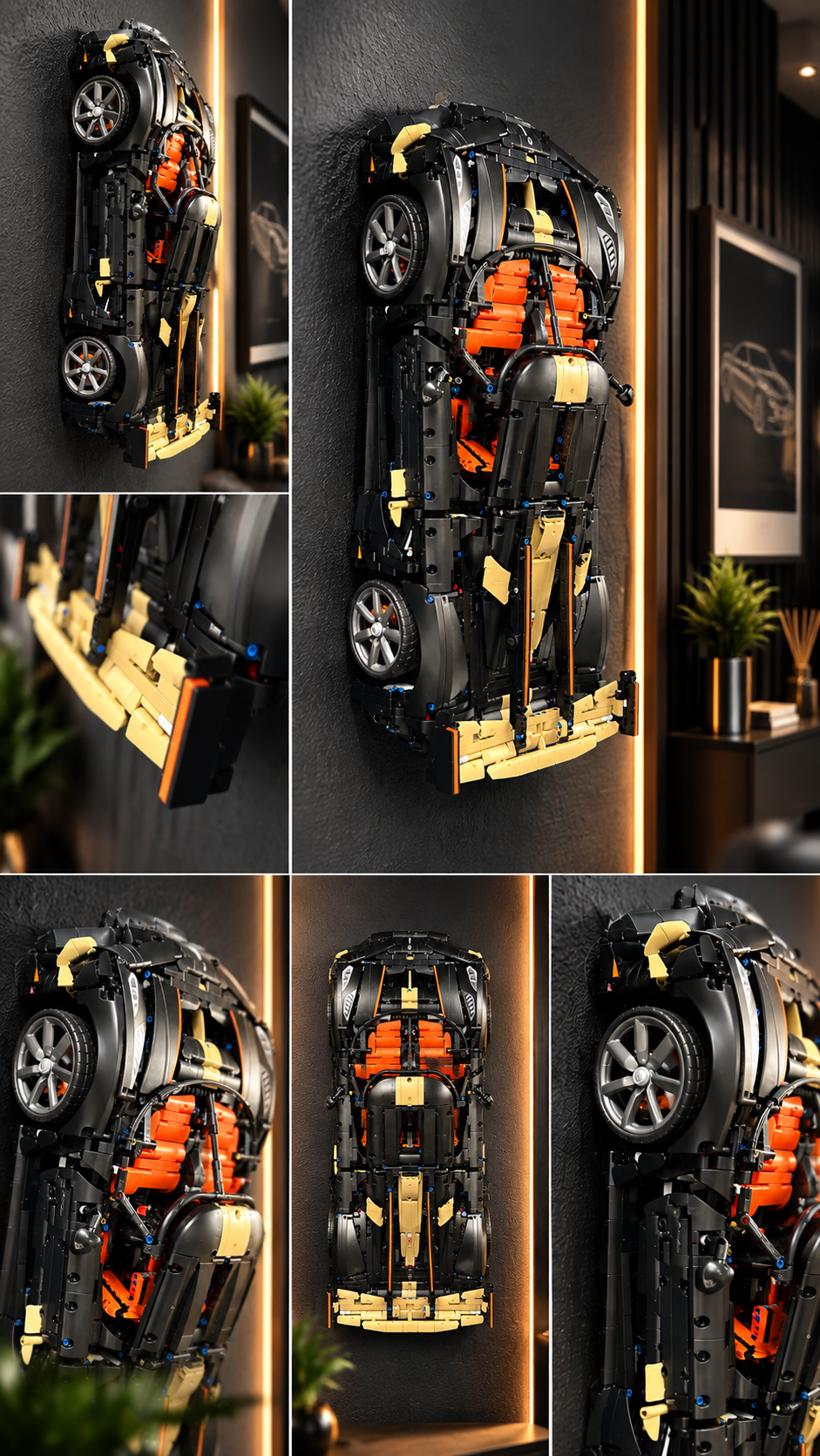 A multi-view collage showing a toy car model built from interlocking blocks, mounted on a dark wall with warm vertical lighting. The car is primarily black with bright orange interior details and beige/yellow chassis elements, shown from top, side, and angled views.