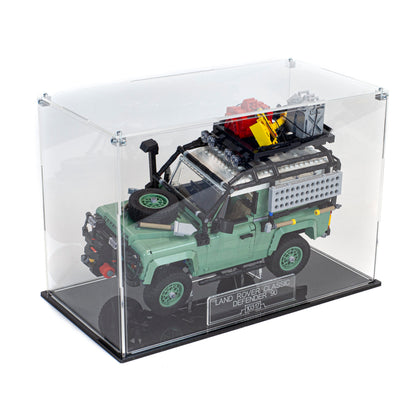 LEGO Land Rover Defender 90 10317 display case, side angle showing acrylic clarity