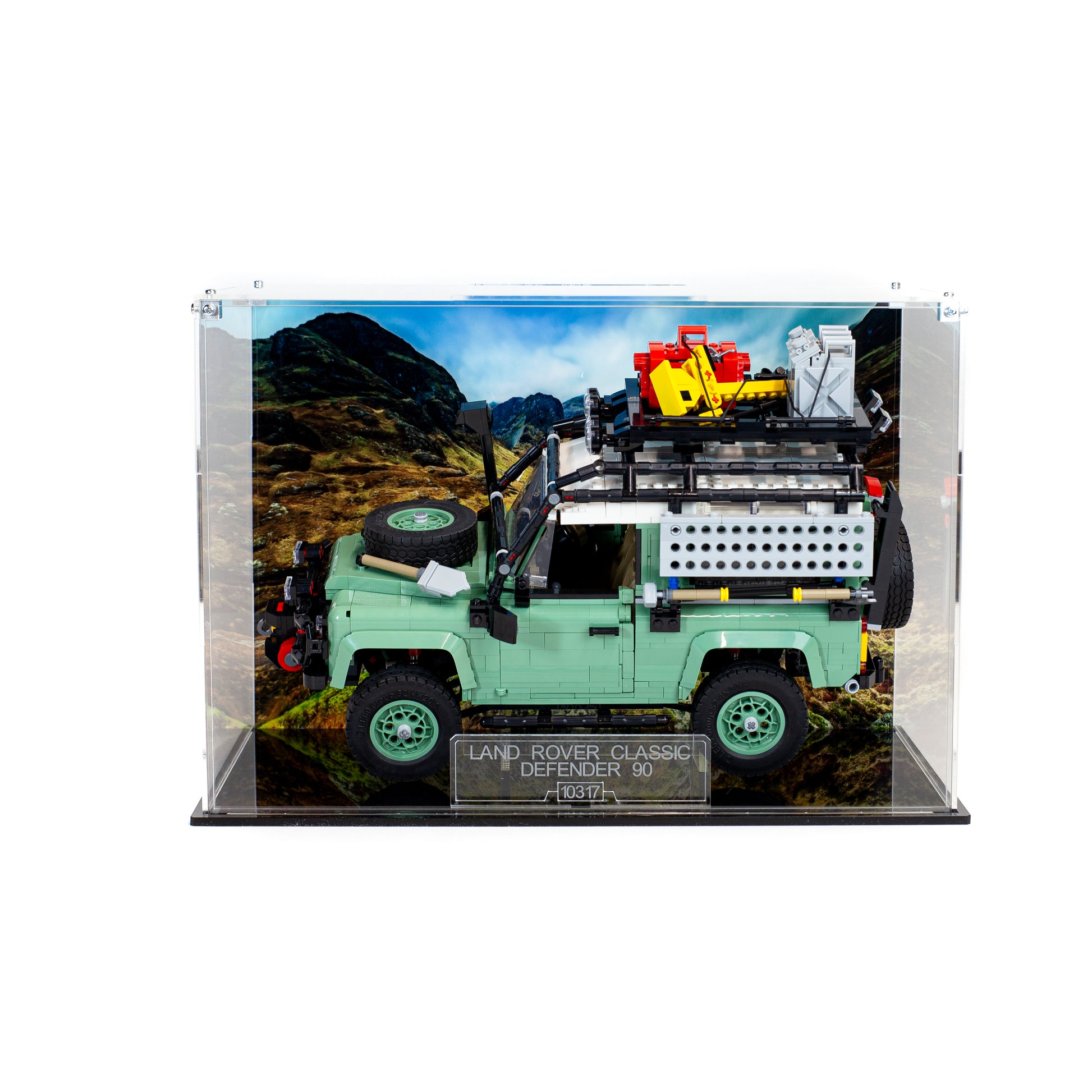  LEGO Land Rover Defender 90 10317 in Laser Frame acrylic display case, front view