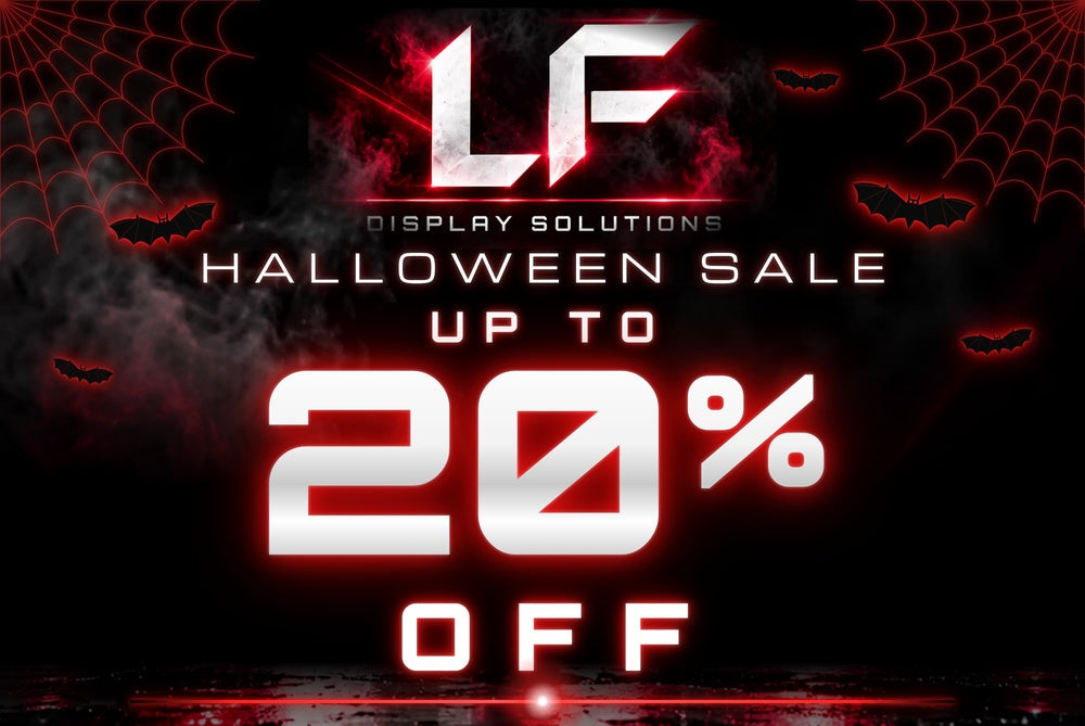 Promotional graphic for LF Display Solutions featuring a Halloween sale with up to 20% off, set against a dark background with spiderwebs, bats, and red glowing effects.