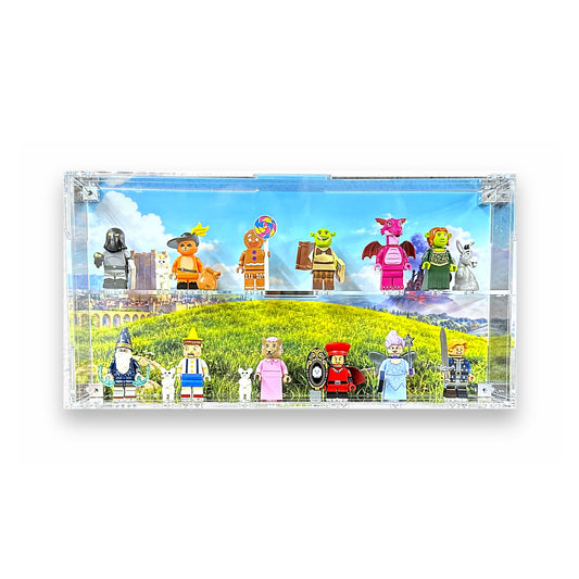 A clear acrylic display case containing multiple colorful toy minifigures arranged in two rows against a printed landscape backdrop featuring a grassy hill and blue sky.