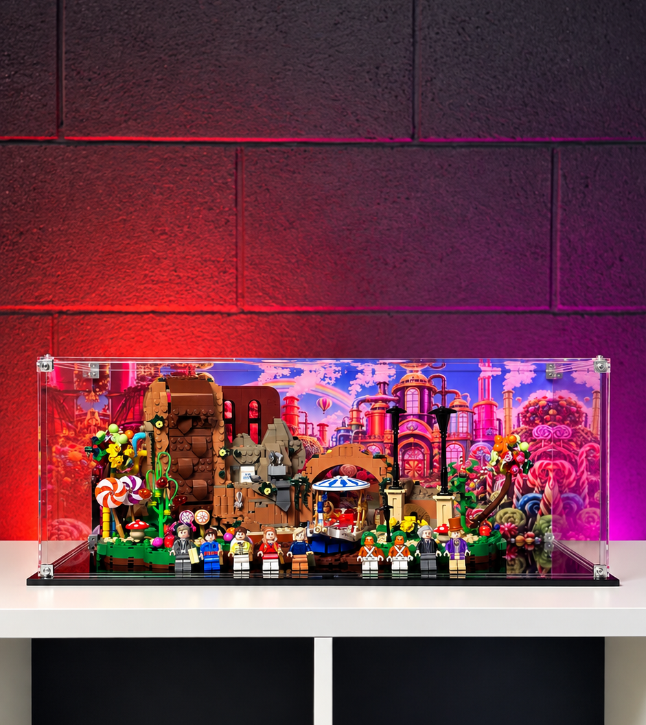 A colorful custom-built LEGO diorama set inside a clear acrylic display case, placed on a white shelf against a dark brick wall with red and purple lighting.